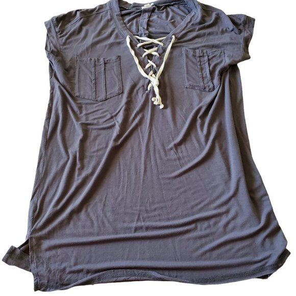 POL Long Tunic V- Neck Charcoal Gray Rayon Spandex Blend Short Sleeve Medium - Picture 6 of 13